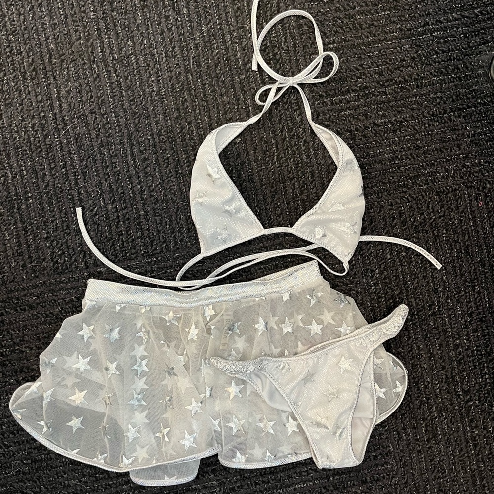 IHEARTRAVES white bikini skirt set silver stars